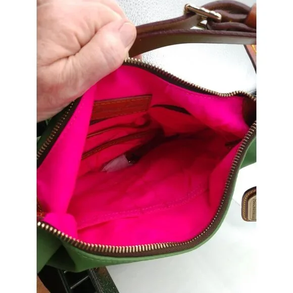 NWT Dooney & Bourke Green Nylon Hobo Shoulder Bag W/ Brown Leather Trim & Zipper